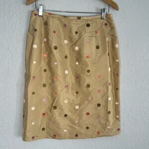 Spenser Jeremy 100% Silk Embroidered Polka Dot Skirt Tan Twee Preppy Office